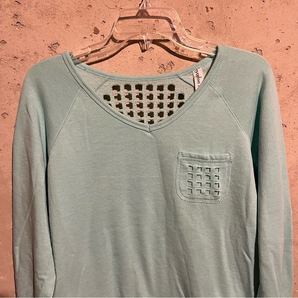 Kyodan Women's Sweater Size Large Blue Long Sleeve Pullover Open Mesh Back - Picture 2 of 8